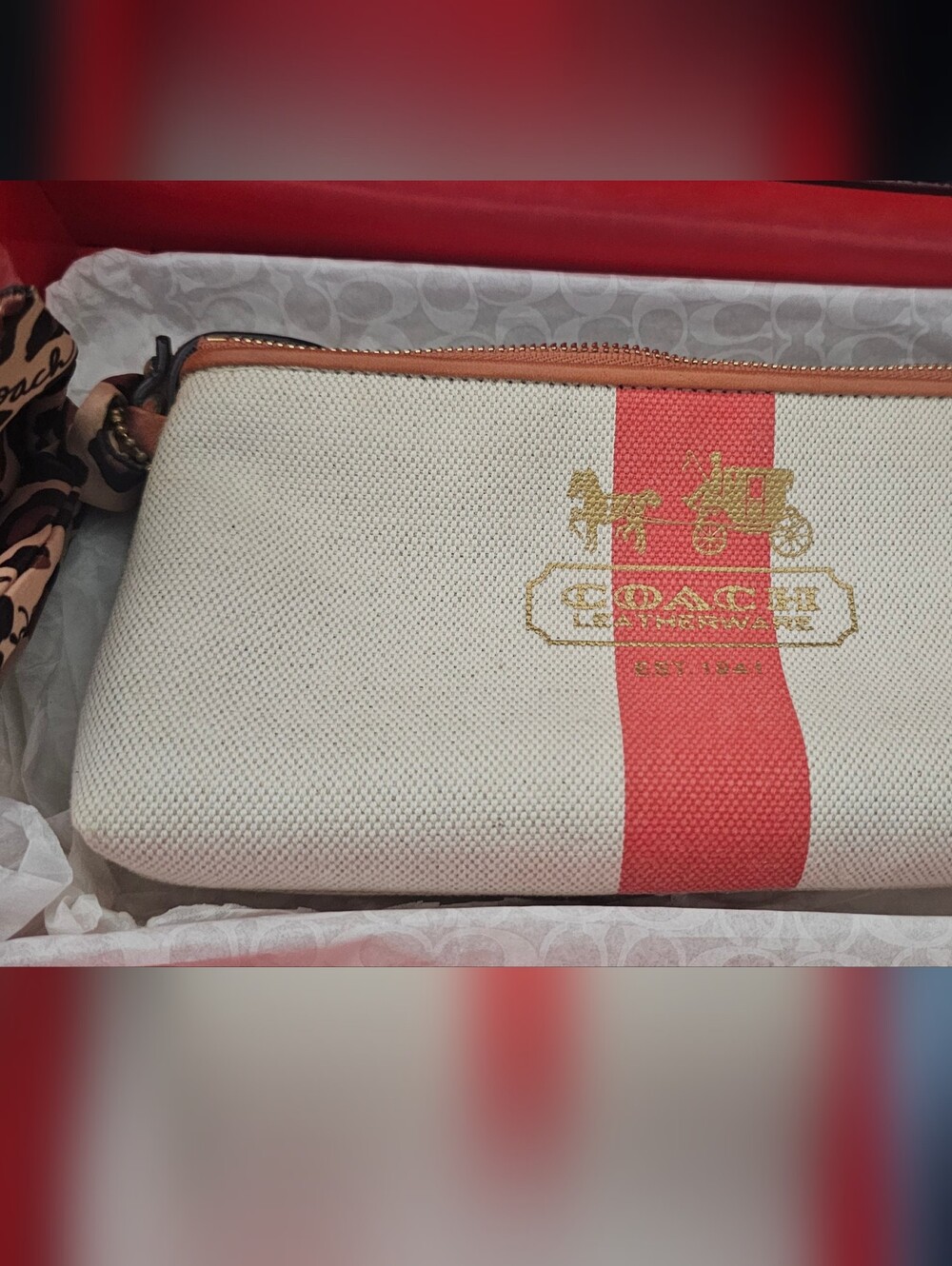 NIB Coach Cream and Red Linen and Leather Wristlet with Heritage Stripe Full Inc - Picture 13 of 15